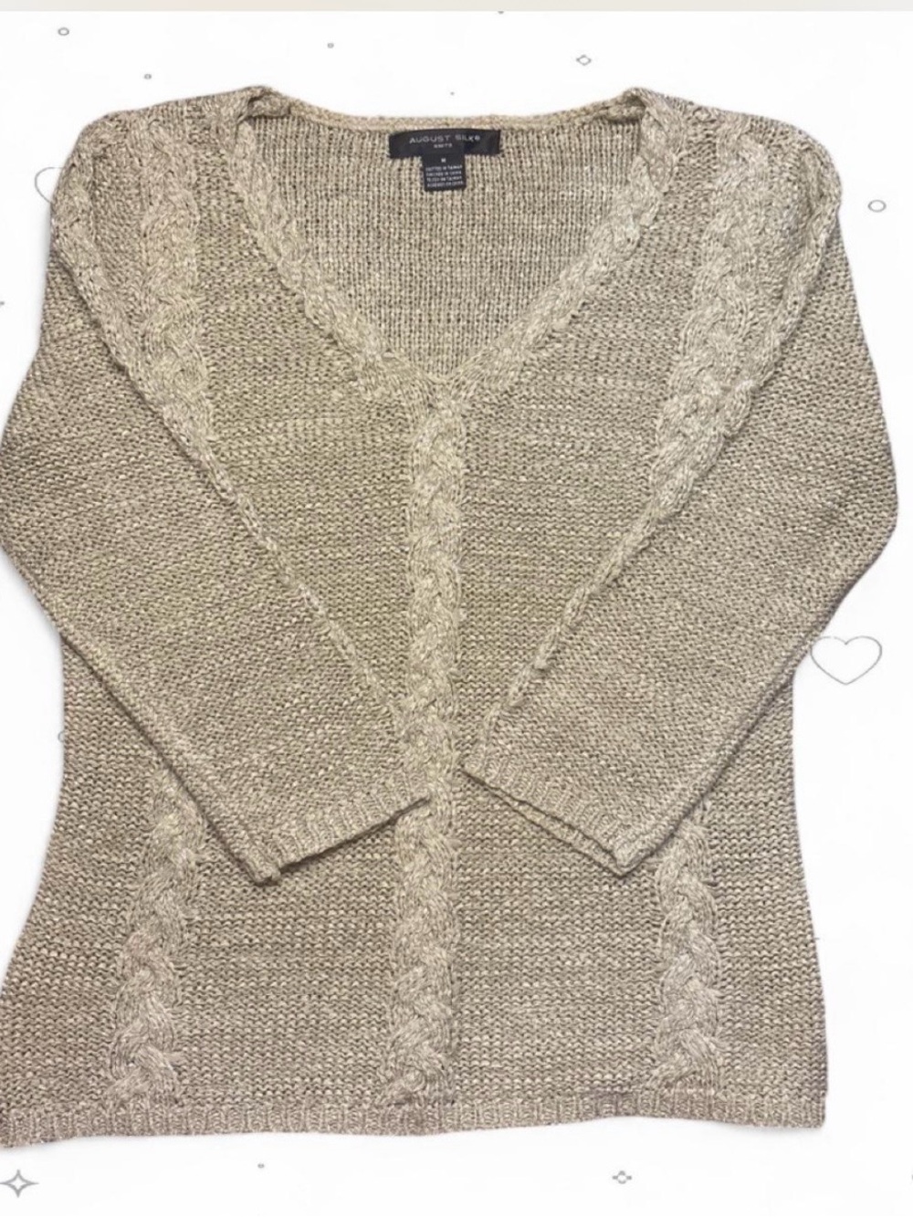 August Silk Knits Gold Metallic Cable Knit V-Neck Sweater Size M